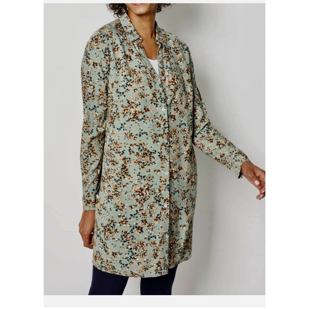 J Jill Women's Green Floral Button Up Tunic Top Small Cottagecore Prairie Boho